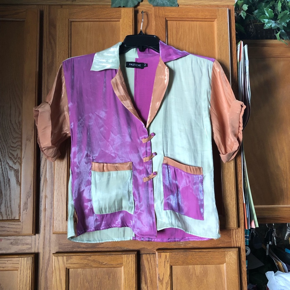 Pastiche Pink Collared Silky Color Block Button Up Blouse Size Small - Picture 3 of 16
